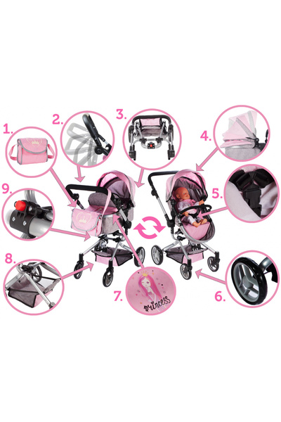 MalPlay 2 in 1 doll stroller, foldable, with adjustable backrest and hood, metal frame, wheels