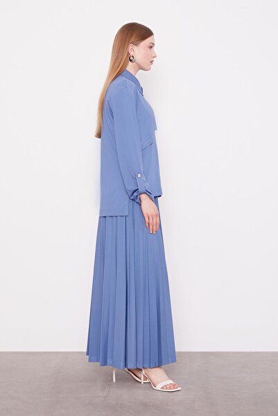 Levidor Indigo Stone Collar Detail Pleated Skirt Set