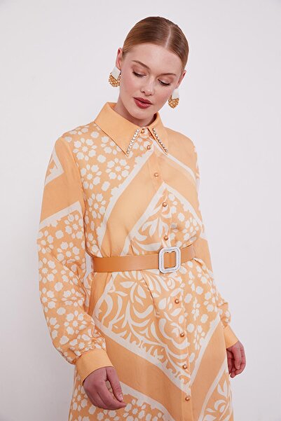 Levidor Safran Yakası Taş Detaylı Desenli Elbise