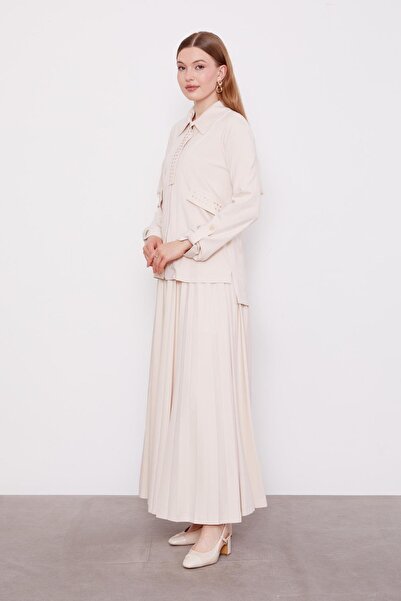 Levidor Beige Stone Collar Detail Pleated Skirt Set