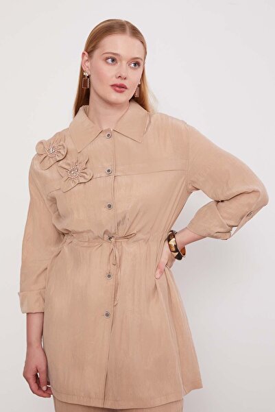 Levidor Beige Embroidered Shoulder Detail Cupra Two-Piece Set