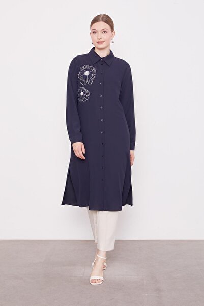 Levidor Navy Blue Stone Flower Pattern Printed Tunic