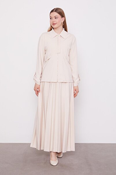 Levidor Beige Stone Collar Detail Pleated Skirt Set