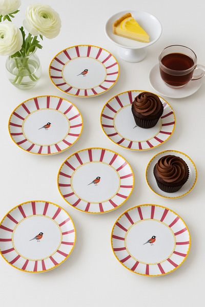 grandora Kuş Desenli 6’lı Pasta Tabağı Seti – Modern ve Şık Sunum Tabakları (Pembe Çizgili)