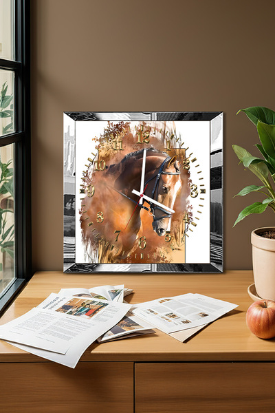 Zevahir Mobilya Dekorasyon Silver Framed Brown Horse Themed Decorative Mdf Wall Clock