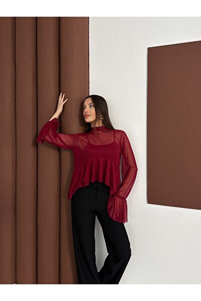 LE CARAMBOLE Women's Burgundy Tulle Blouse with Ruffle Detail and Scarf Collar