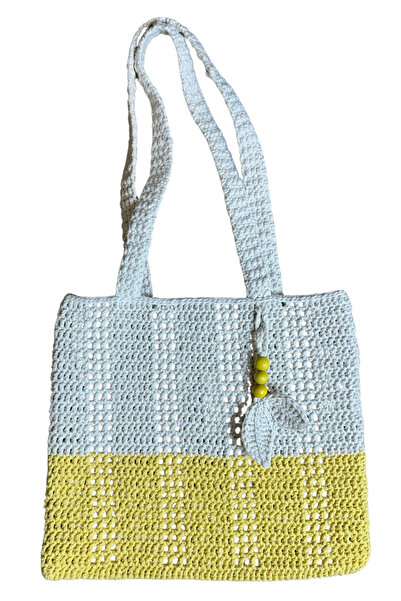 Uretti - Geantă de umăr Emine 9106, tricotată manual, cu mărgele din lemn, model cu două culori, din bumbac - 30 x 26