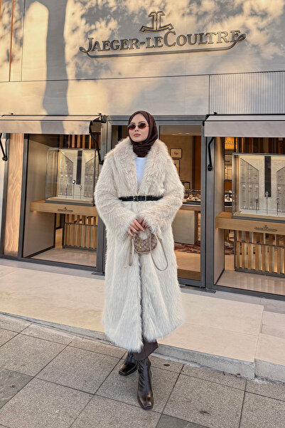 LOCCO Women's Belt Detail Fur Coat Stone