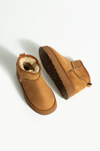 Gökçe Shoes Pepa Taba Süet İçi Kürklü Kalın Taban Kadın Bot