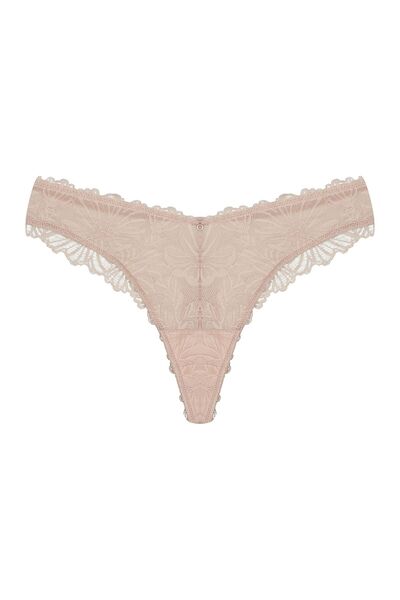 ESOTIQ Women's Classic Thong Panties High-Leg V-Waist Floral Lace & Golden Pendant | Briana