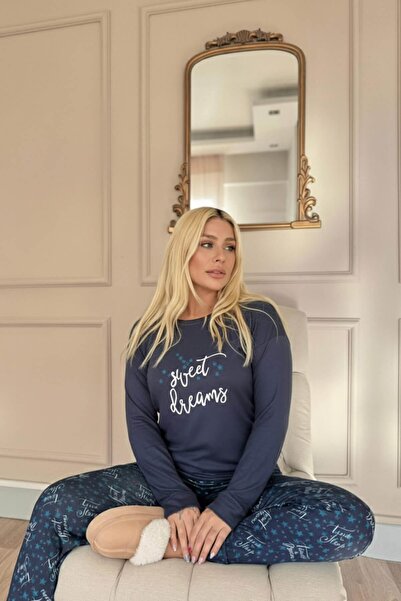 Pijamaevi Lacivert Sweet Dreams Desenli Termal Kadın Pijama Takımı