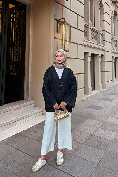 LOCCO Kadın Kruvaze Yaka Kot Ceket Koyu Mavi