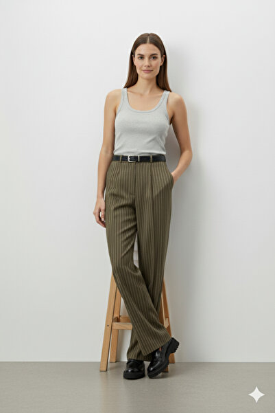 Günlük Moda Kadın Çizgili Paça Kemerli Palazzo Pantolon