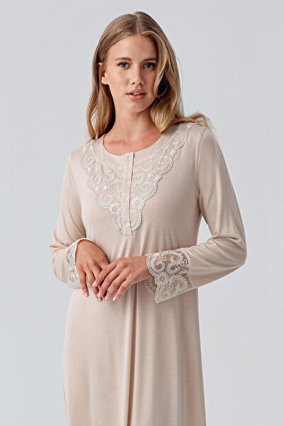 Artış Long Sleeve Lace Buttoned Stretchy Viscous Nightgown