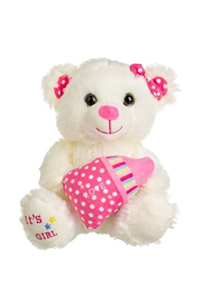 OEM Ursuleț de pluș, ecru, cu sticlă roz, „It's a Girl”, 21 cm