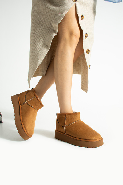 Gökçe Shoes Pepa Taba Süet İçi Kürklü Kalın Taban Kadın Bot