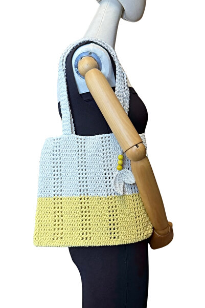 Uretti - Geantă de umăr Emine 9106, tricotată manual, cu mărgele din lemn, model cu două culori, din bumbac - 30 x 26