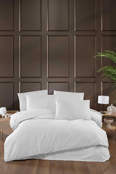 Mira Home طقم غطاء لحاف مزدوج من الساتان المخطط باللون الأبيض