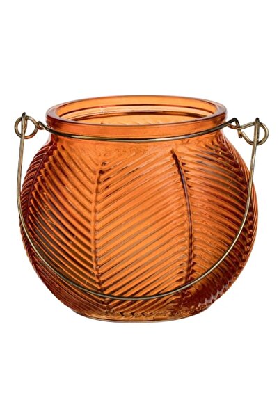 OEM Felinar decorativ rotund suspendat din sticlă, portocaliu, cu mâner metalic auriu, Ø9.5x8.5cm