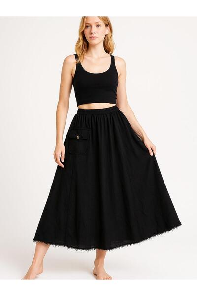 Hanımefendi Butik İtalyan Kadife Cepli Etek - SİYAH