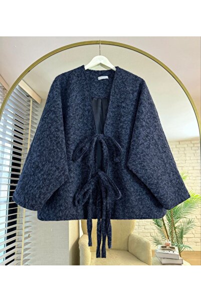 Bahar Altundemir Kadın Lacivert Bağcıklı Astarlı Oversize Kaşe Panço