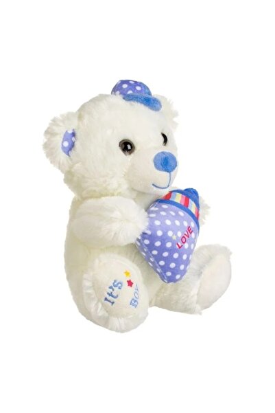 OEM Ursuleț de pluș alb și albastru cu pălărie Ciel și sticlă „E băiat” 23 cm