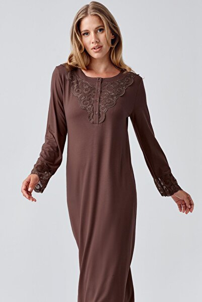 Artış Long Sleeve Lace Buttoned Stretchy Viscous Nightgown