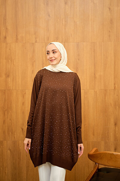 LOCCO Kadın Taş Detay Triko Tunik Kahverengi