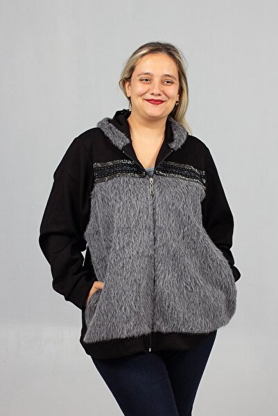 Truva XXL Plus Size Front Fur and Stone Embroidered Hooded Coat