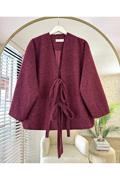 Bahar Altundemir Kadın Bordo Bağcıklı Astarlı Oversize Kaşe Panço