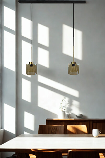 Bamyum Lille Cam Bal Rengi İkili Sarkıt Avize İnce Eskitme Başlık Salon Mutfa...