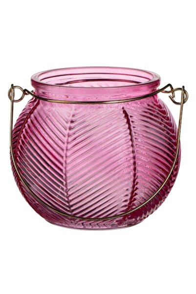OEM Felinar decorativ rotund suspendat din sticlă fuchsia cu mâner metalic auriu Ø9.5x8.5cm