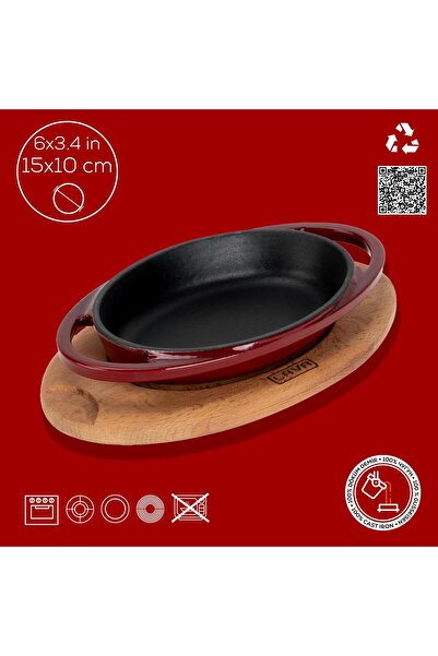 Lava Döküm Oval Sahan Döküm Demir Yekpare Çift Kulplu Kayın Servis Ahşabı Ölçü 15x10cm.-Bordo