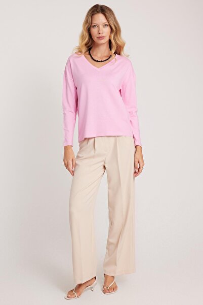 Tudors Women's Slim Fit Slim Fit Viscose Fabric V-Neck Pink Blouse