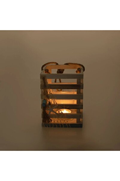 OEM Felinar decorativ de vară din lemn, alb-albastru, cu steluțe de mare, 15x15x20cm