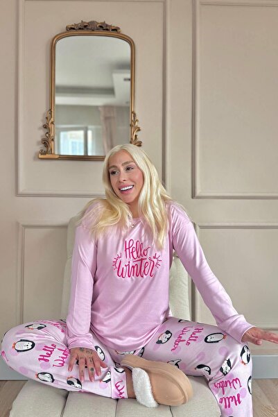 Pijamaevi Pink Penguin Winter Patterned Thermal Women's Pajama Set