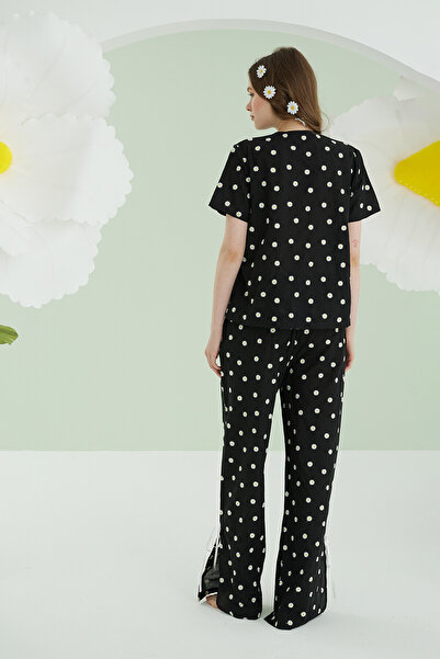 NBB Black Daisy Patterned Front Tie Pajama Set