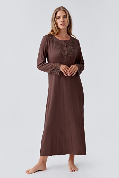 Artış Cămașă de noapte elastică, vâscoasă, cu mânecă lungă, cu nasturi