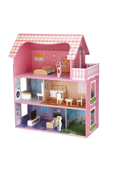 OEM Casă de păpuși din lemn cu mobilier și 2 păpuși pentru 49,5x24x61cm