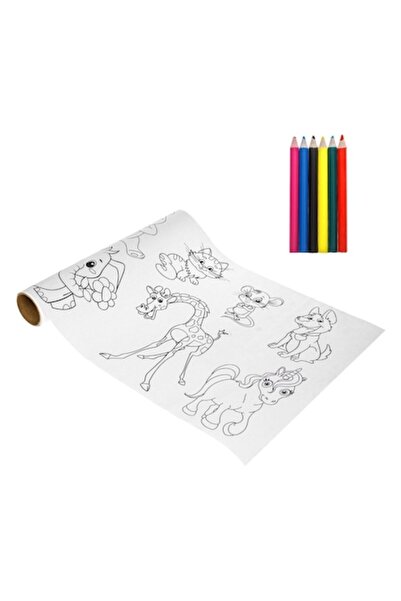 OEM Set de colorat cu animale, 3m cu desene, 5 mini creioane colorate