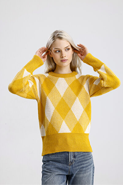 Get Crazy Καρό πουλόβερ με μουσταρδί κίτρινο χρώμα