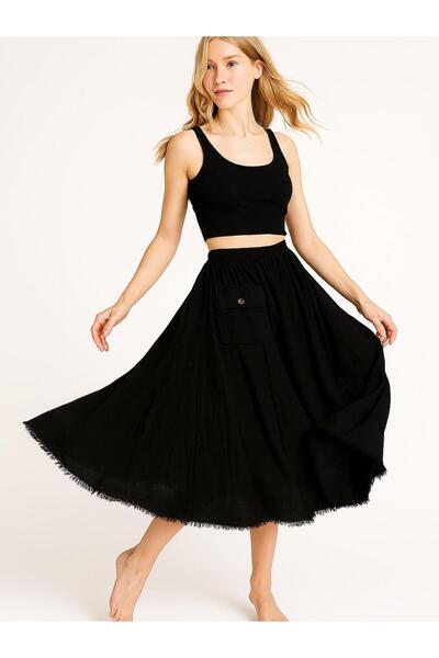 Hanımefendi Butik İtalyan Kadife Cepli Etek - SİYAH