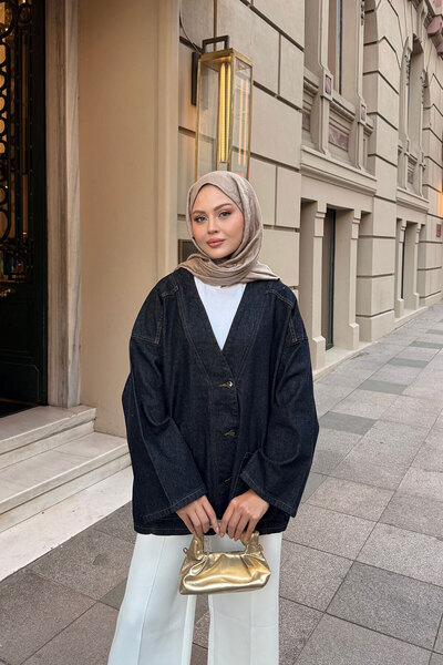 LOCCO Kadın Kruvaze Yaka Kot Ceket Koyu Mavi