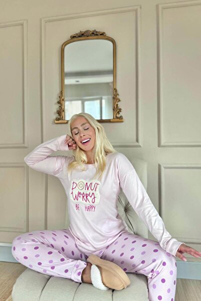 Pijamaevi Toz Pembe Donut Worry Desenli Termal Kadın Pijama Takımı
