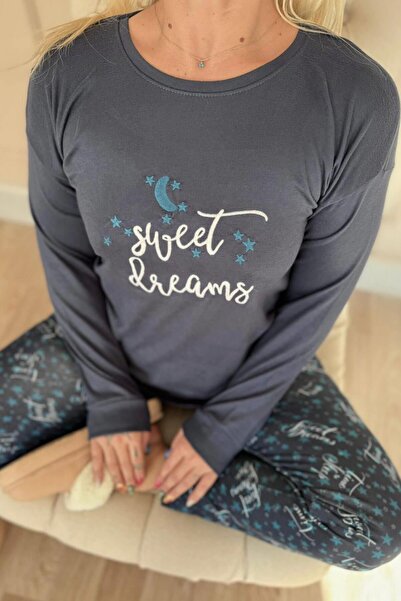 Pijamaevi Lacivert Sweet Dreams Desenli Termal Kadın Pijama Takımı