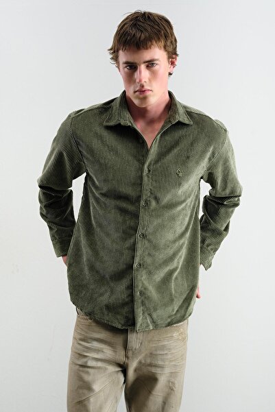 GIESTO Oversize Drapey Velvet Khaki Shirt
