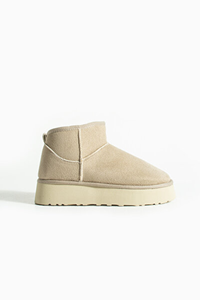 Gökçe Shoes Pepa Bej Süet İçi Kürklü Kalın Taban Kadın Bot