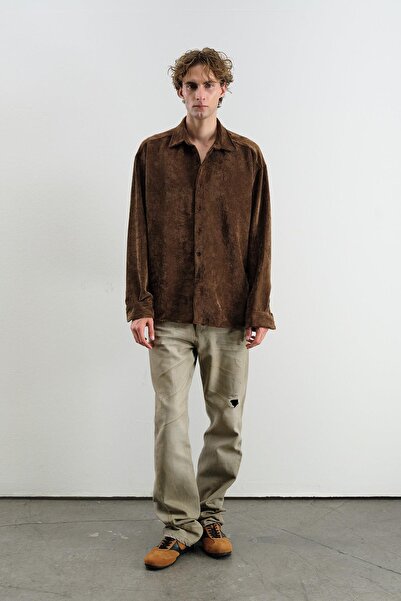 GIESTO Oversize Dropped Shoulder Velvet Brown Shirt