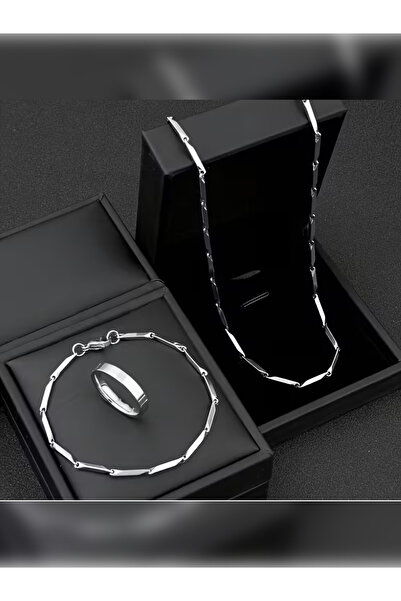 PURE BERRY ERKEK KOLYE BİLEKLİK YÜZÜK GÜMÜŞ RENK ÇELİK KOLYE SETİ