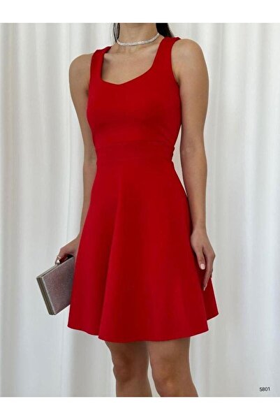 Modafeminen Thick Strap Back Lace Detail Scuba Fabric Dress 5801 Red